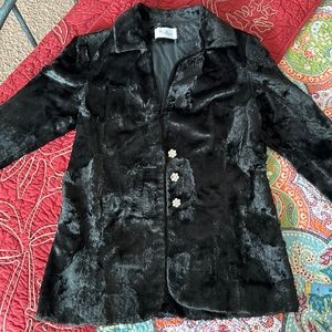 Vintage faux fur black jacket. Size S, with 3 rhinestone Daisy buttons